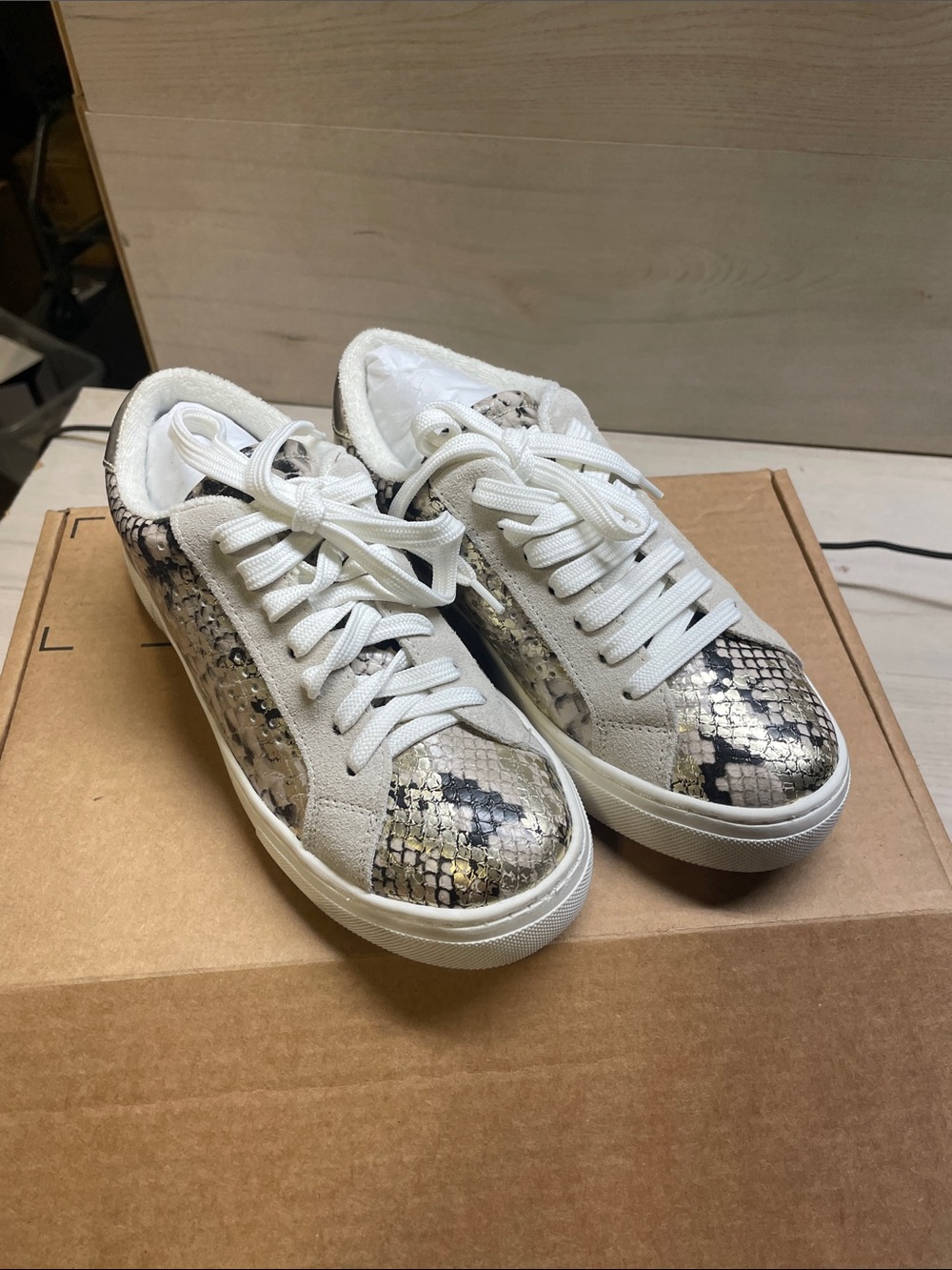 Steve Madden White Snake-Print Low Top Sneakers with Metallic Accents #617